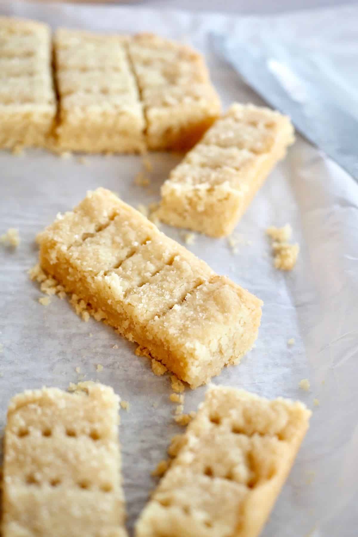 Fingers of shortbread on parchment paper. 