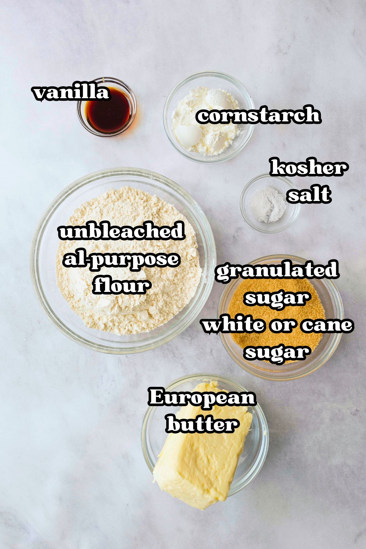 Labeled ingredients for Scottish shortbread.