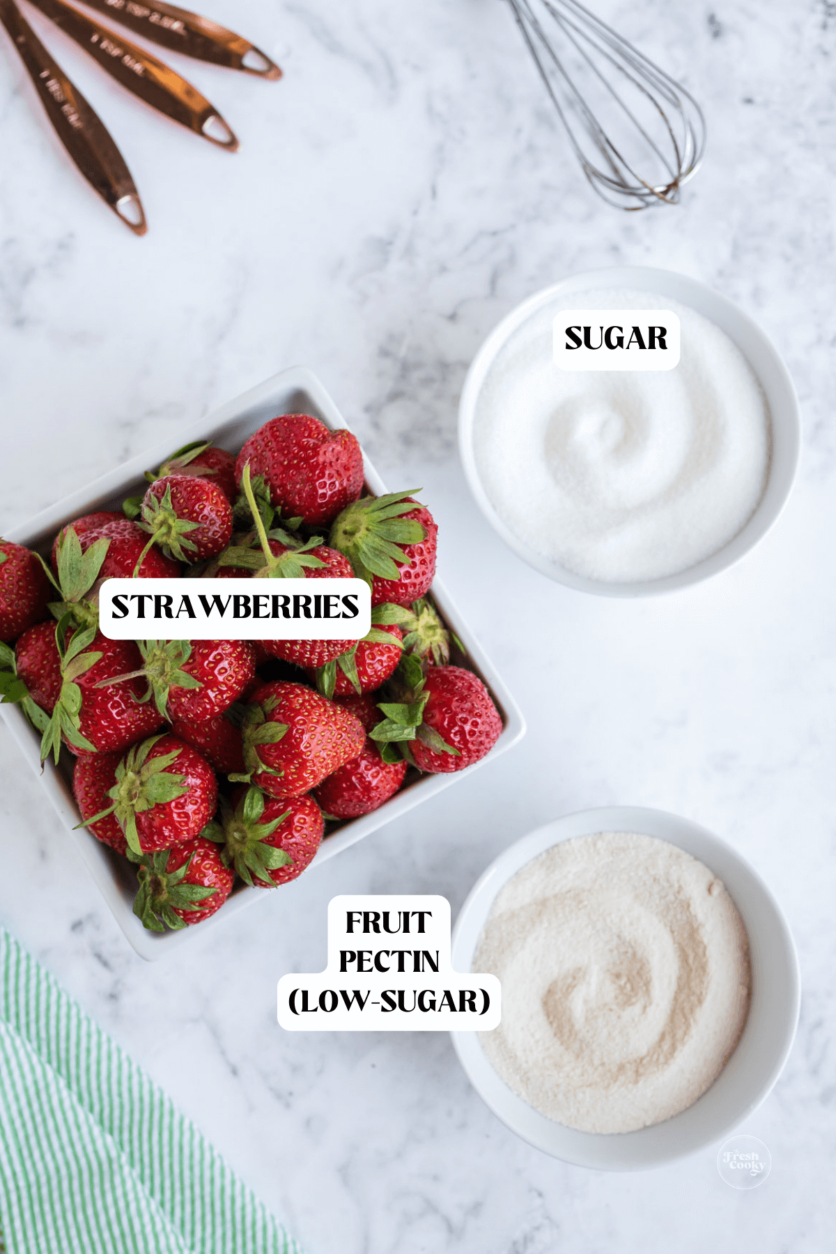 Labeled ingredients for strawberry freezer jam recipe.