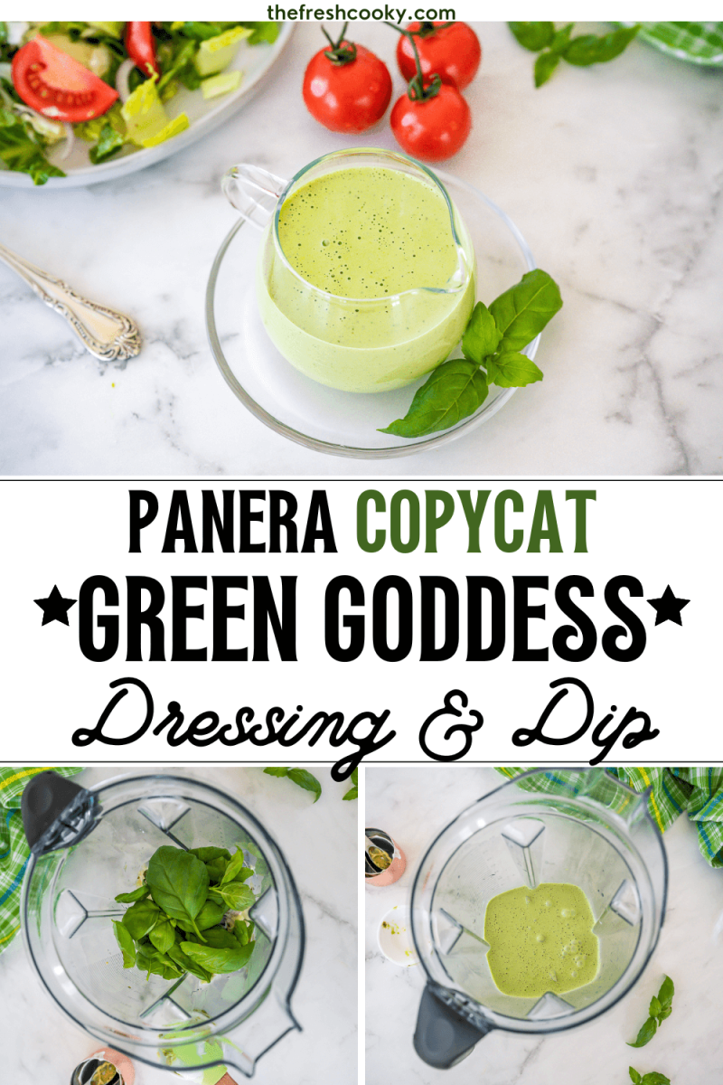 Panera green goddess salad dressing or dip in pretty pitcher and in blender with ingredients and after blending, to pin.