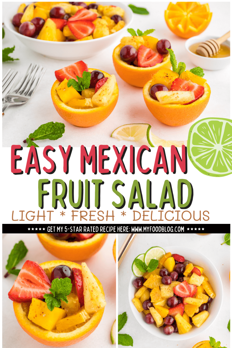 Easy Mexican fruit salad in fruit cups and shown in a large serving bowl, to pin.