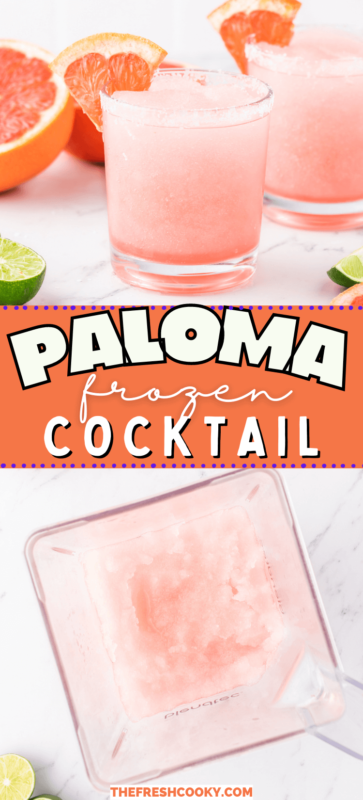 Frozen grapefruit paloma cocktail in glasses, and whirring in a blender, to pin.