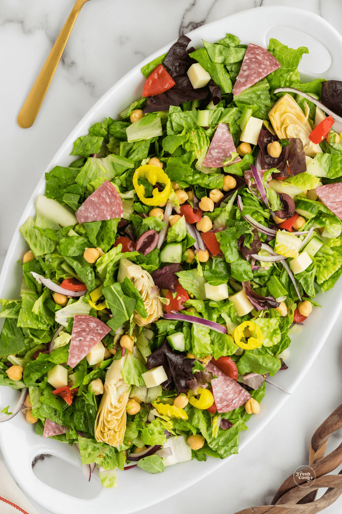 Chopped Italian Salad in large serving tray.