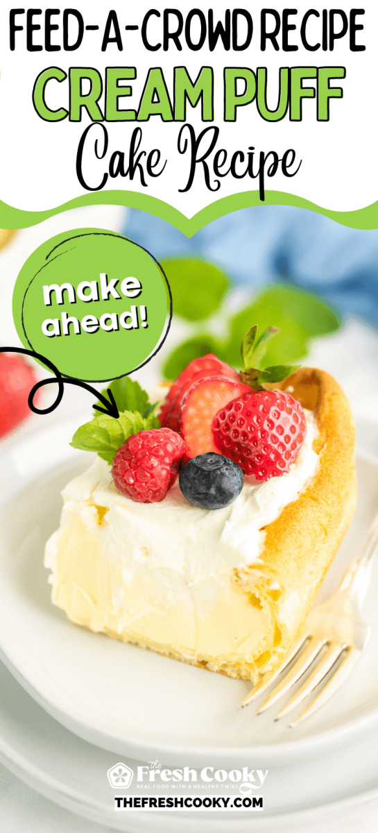 Slice of cream puff cake topped with fresh berries, to pin.