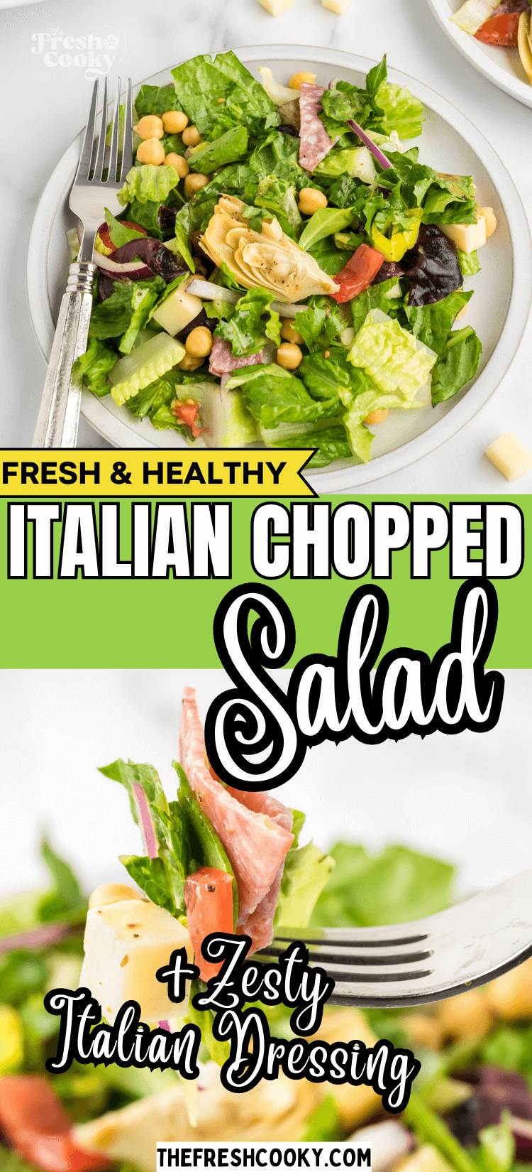 Fresh Italian Chopped salad on a plate with a forkful of salad with meats and cheeses, to pin.
