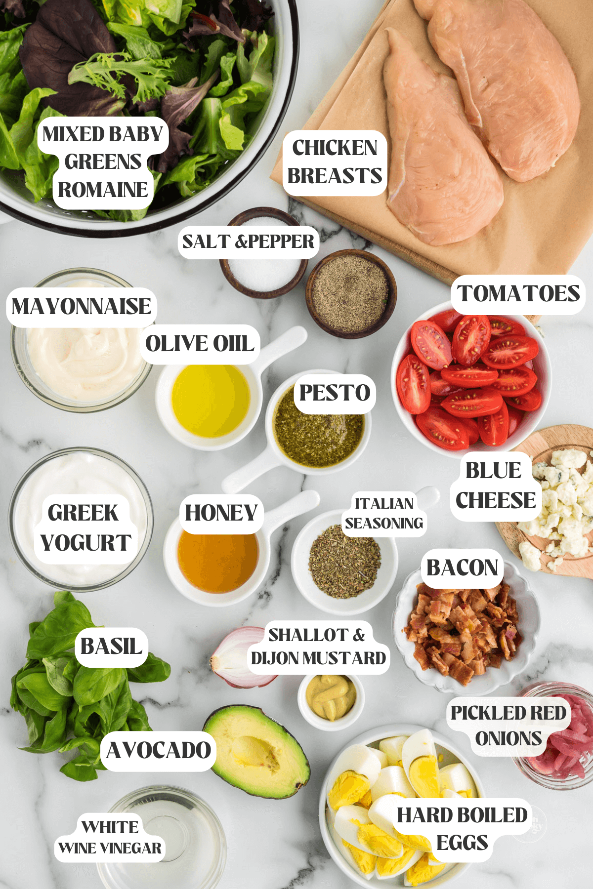 Labeled ingredients for Panera Green Goddess Cobb Salad.