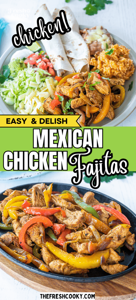 Mexican chicken fajitas on a plate and in a skillet.