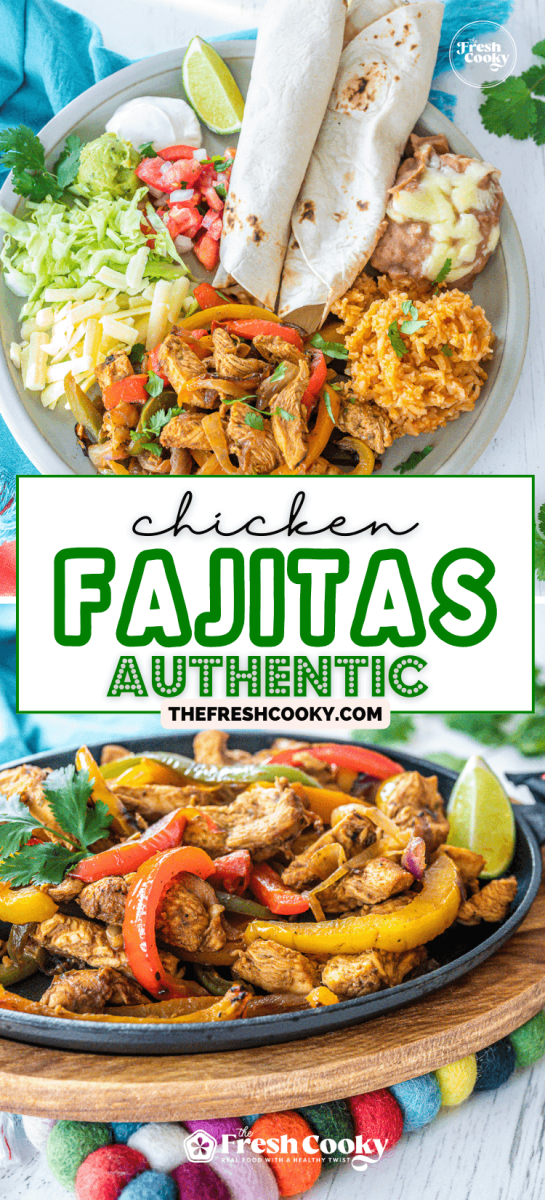 Plate of chicken fajitas with toppings, flour tortillas, rice and beans, to pin.