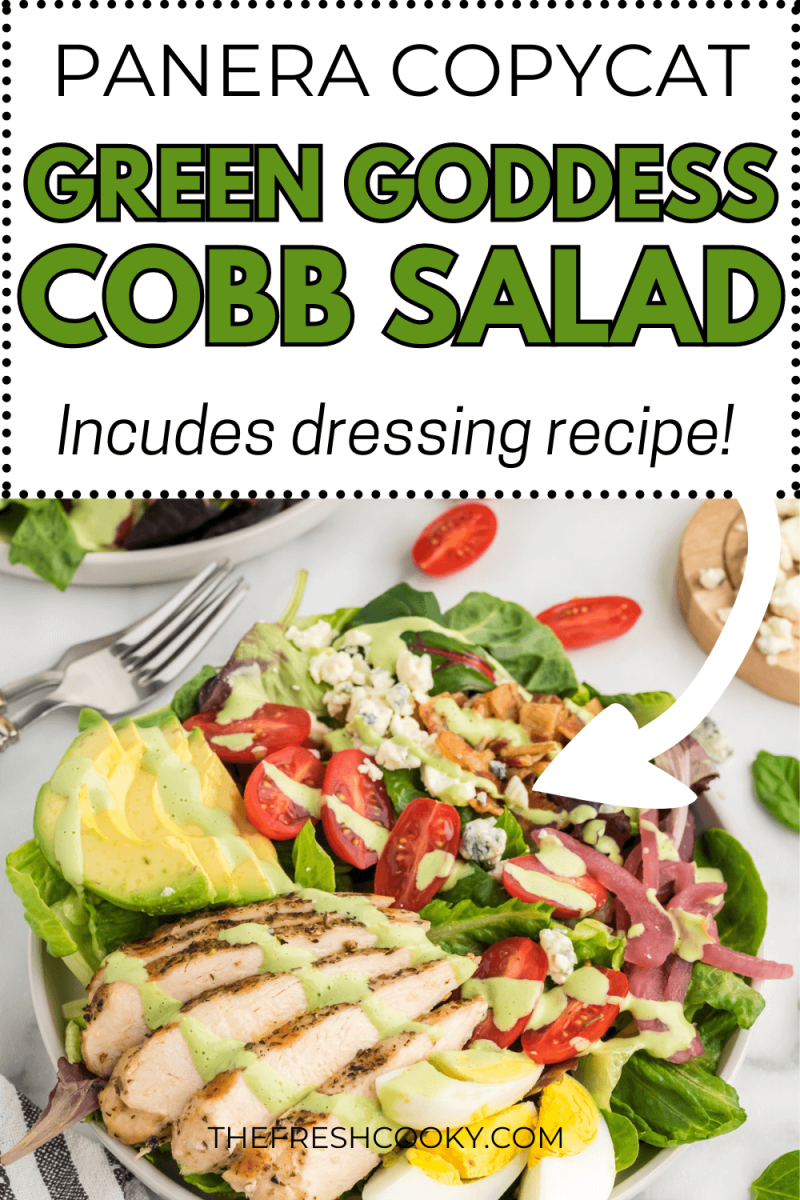 Plate of Green goddess cobb salad topped with a creamy basil green goddess dressing, a Panera copycat recipe - to pin.