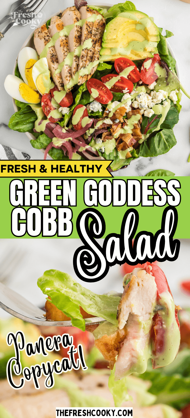 Healthy Panera green goddess cobb salad on plate and with bite on a fork, to pin.