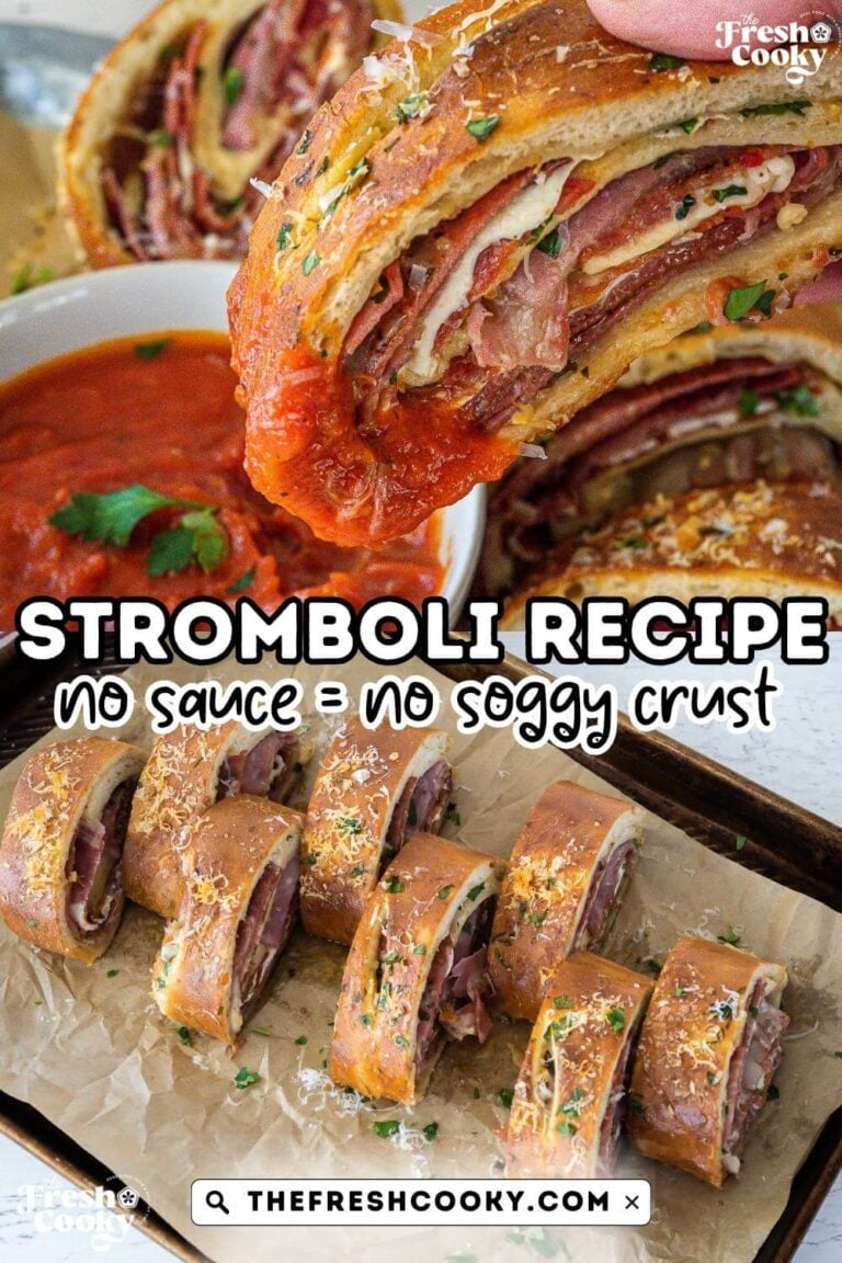 Dipping a piece of stromboli into marinara and whole stromboli sliced on a baking tray, to pin.