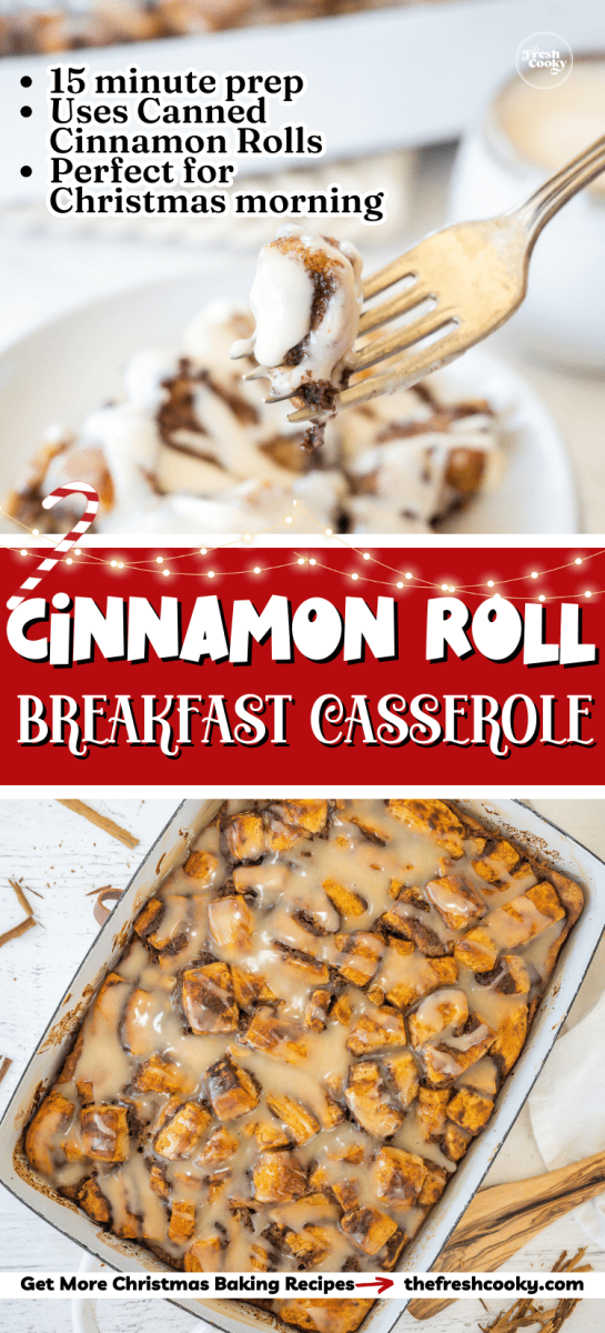 Christmas cinnamon roll casserole recipe fork-filled bite of cinnamon roll and casserole iced in pan - to pin.