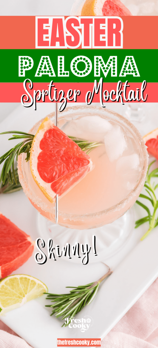 Grapefruit paloma mocktail, skinny version in pretty glass filled with a light pink bubbly ginger beer, to pin.