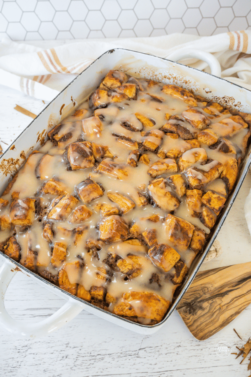 Baked and iced breakfast cinnamon roll casserole.