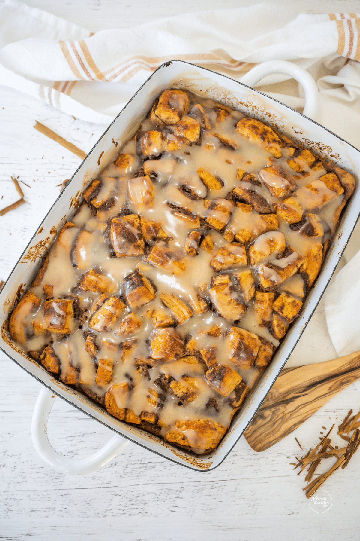 Grands cinnamon rolls recipe casserole in pan.