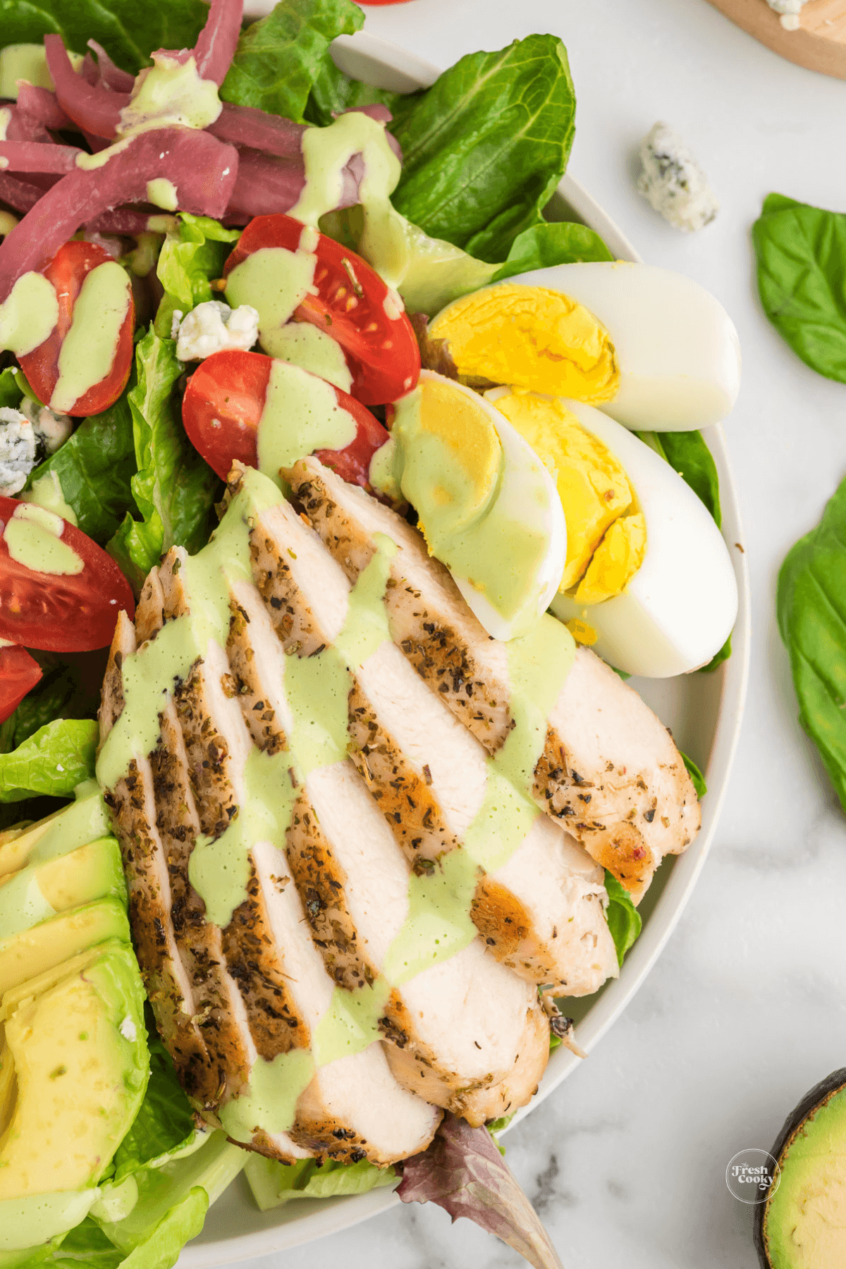 Green goddess salad dressing on cobb salad a Panera bread copycat recipe.