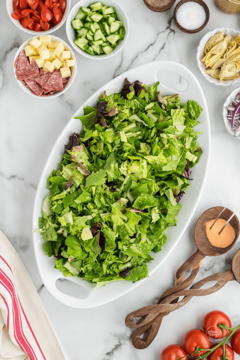 Fresh, chopped greens in Italian chopped salad. 