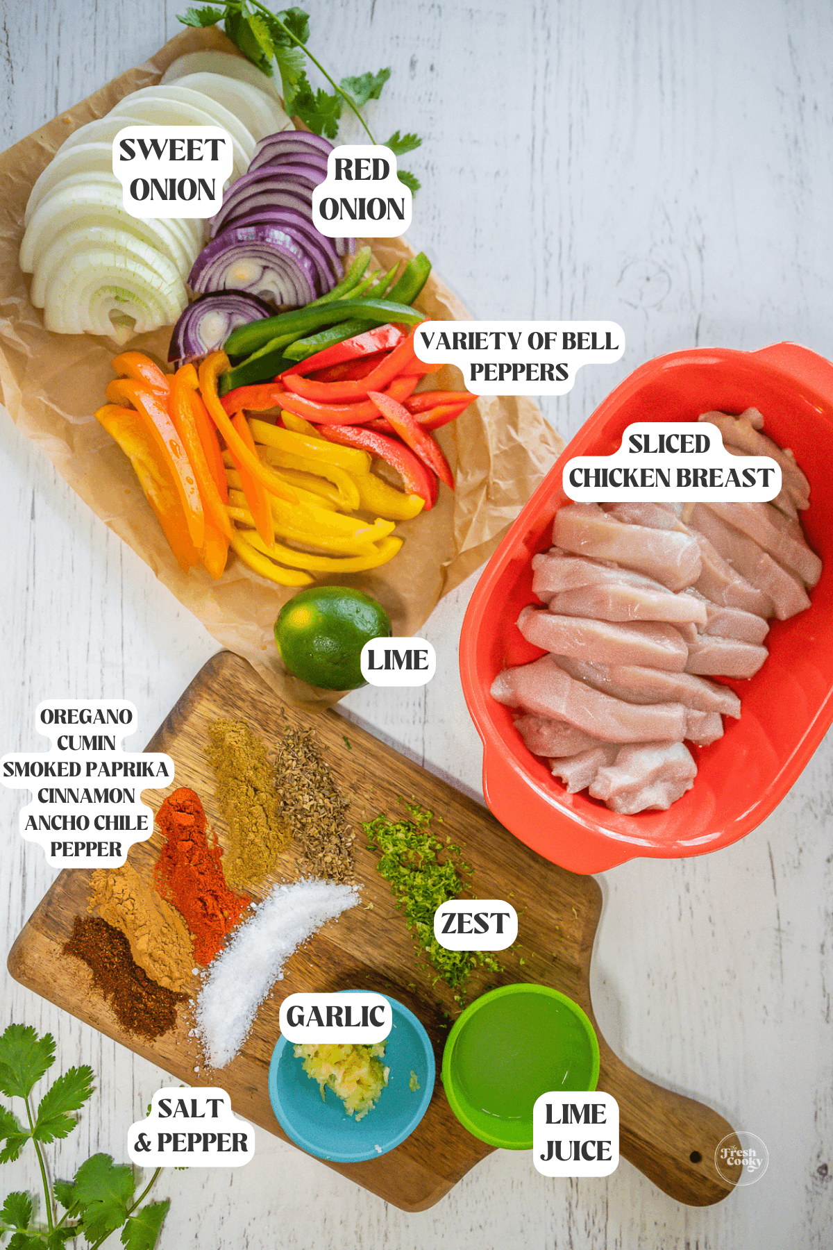 Labeled ingredients for chicken fajitas.