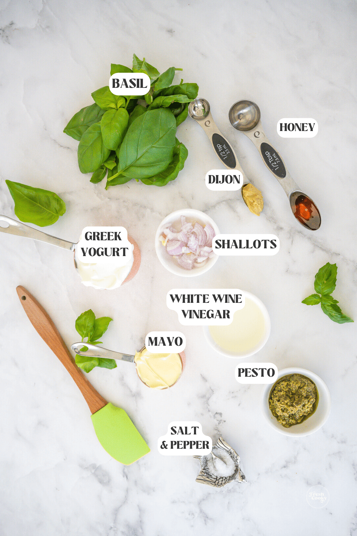 Labeled ingredients for green goddess salad dressing and dip.