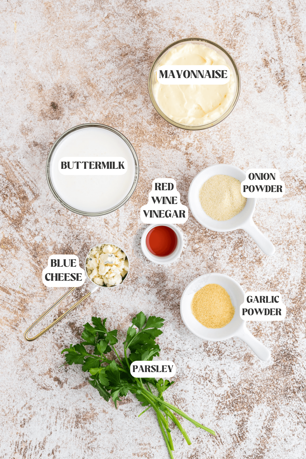Labeled ingredients for blue cheese dressing recipe.