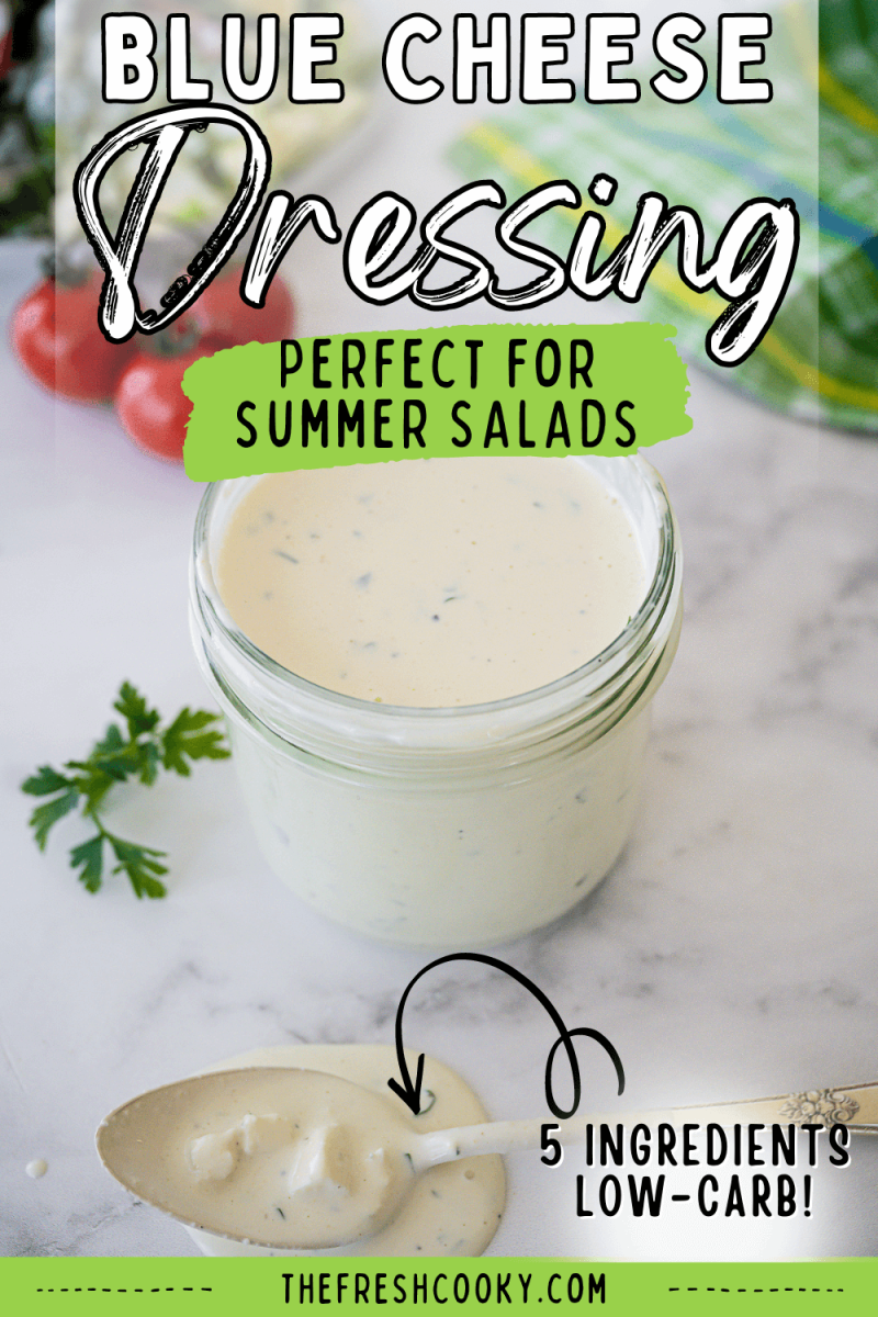 Jar of blue cheese dressing with spoonful of chunky dressing in front of it, to pin.