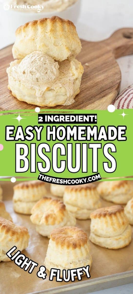 2 ingredient homemade biscuit on baking sheet and with butter on serving board, to pin.