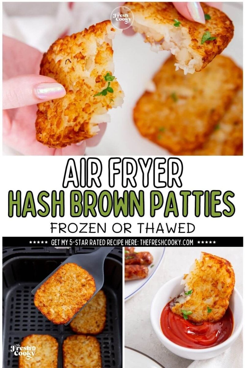 Hand breaking crispy hash brown patty in air fryer, for pinning.