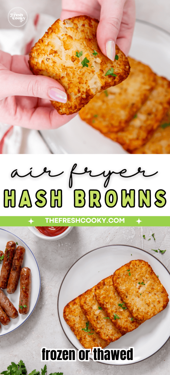 Hand holding crispy hash brown patties and on a plate, for pinning.
