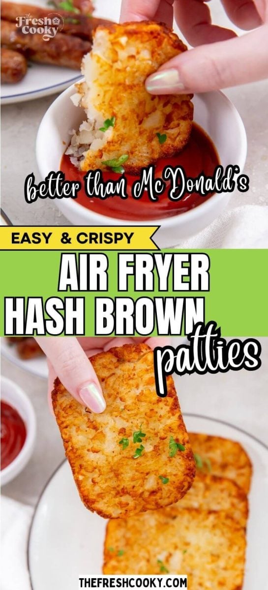 Hand dipping crispy hash brown patty into ketchup, to pin.