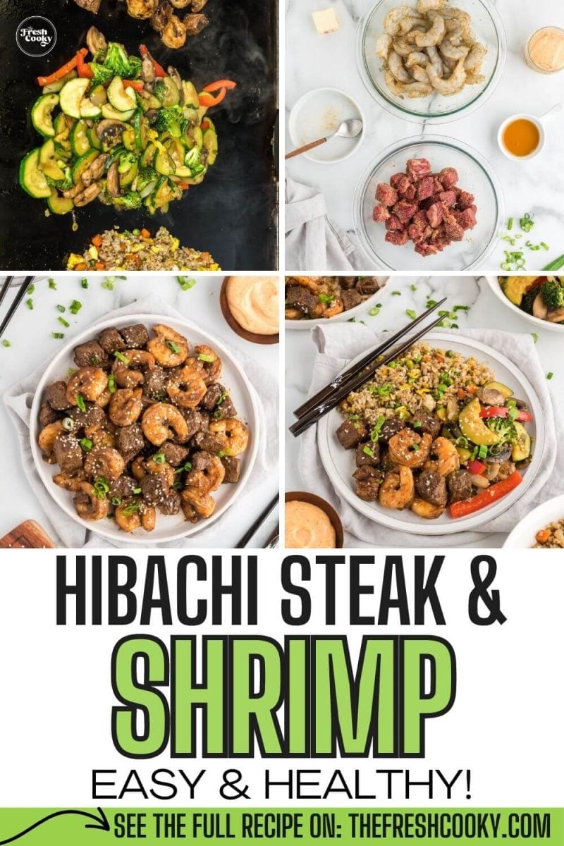 Stages of making hibachi steak and shrimp with fried rice on blackstone grill, to pin.