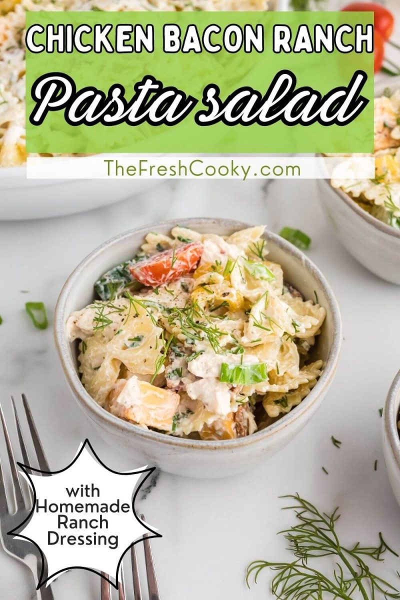 Chicken bacon ranch pasta salad in serving bowl with forks, to pin.