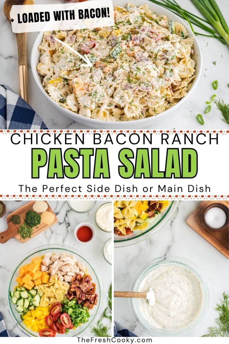 Bacon chicken ranch pasta salad in bowl and before mixing with homemade quick ranch dressing, to pin.