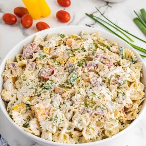 Chicken Bacon Ranch Pasta Salad recipe in large serving bowl.