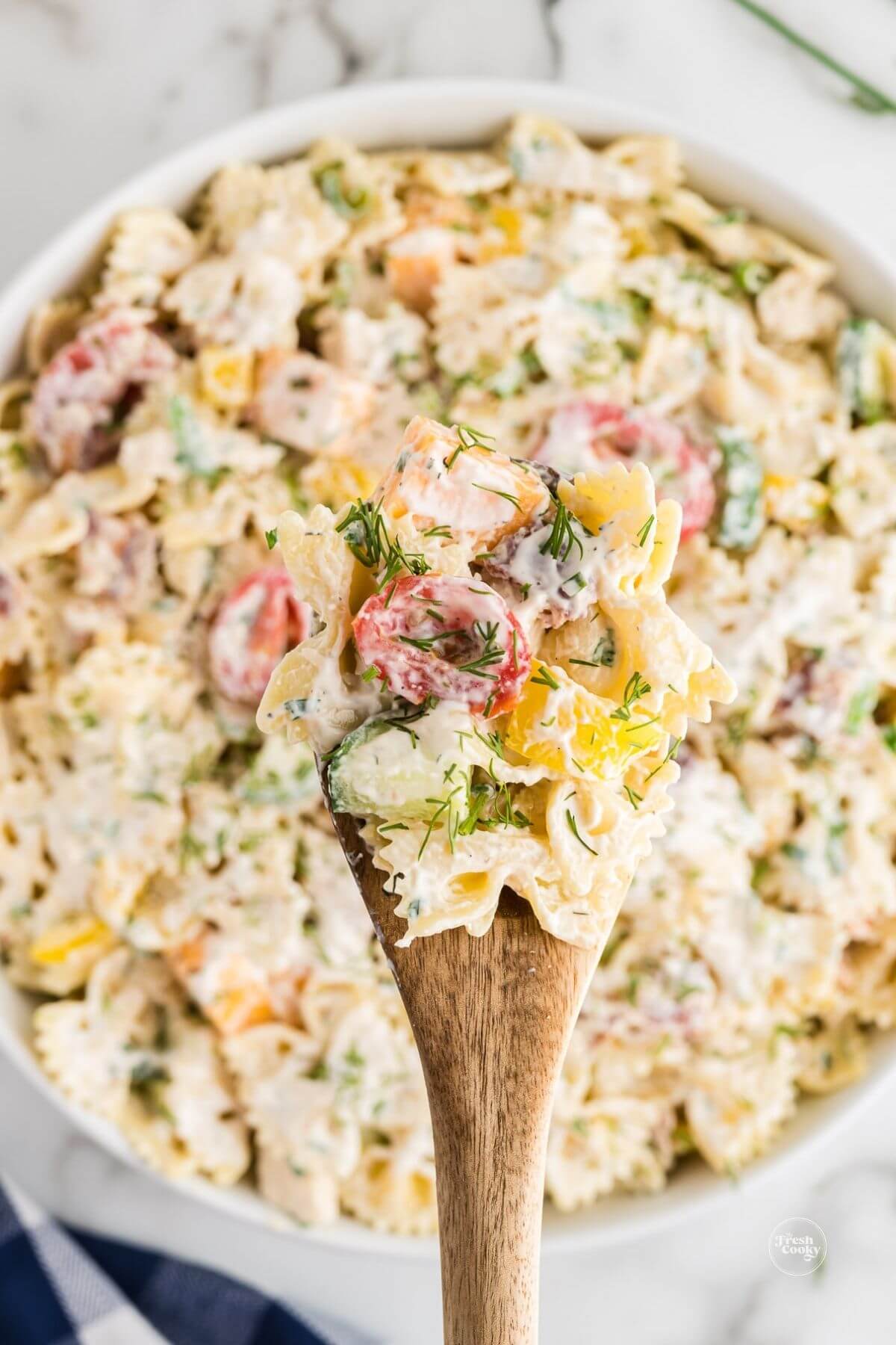 Spoonful of bacon chicken ranch pasta salad.