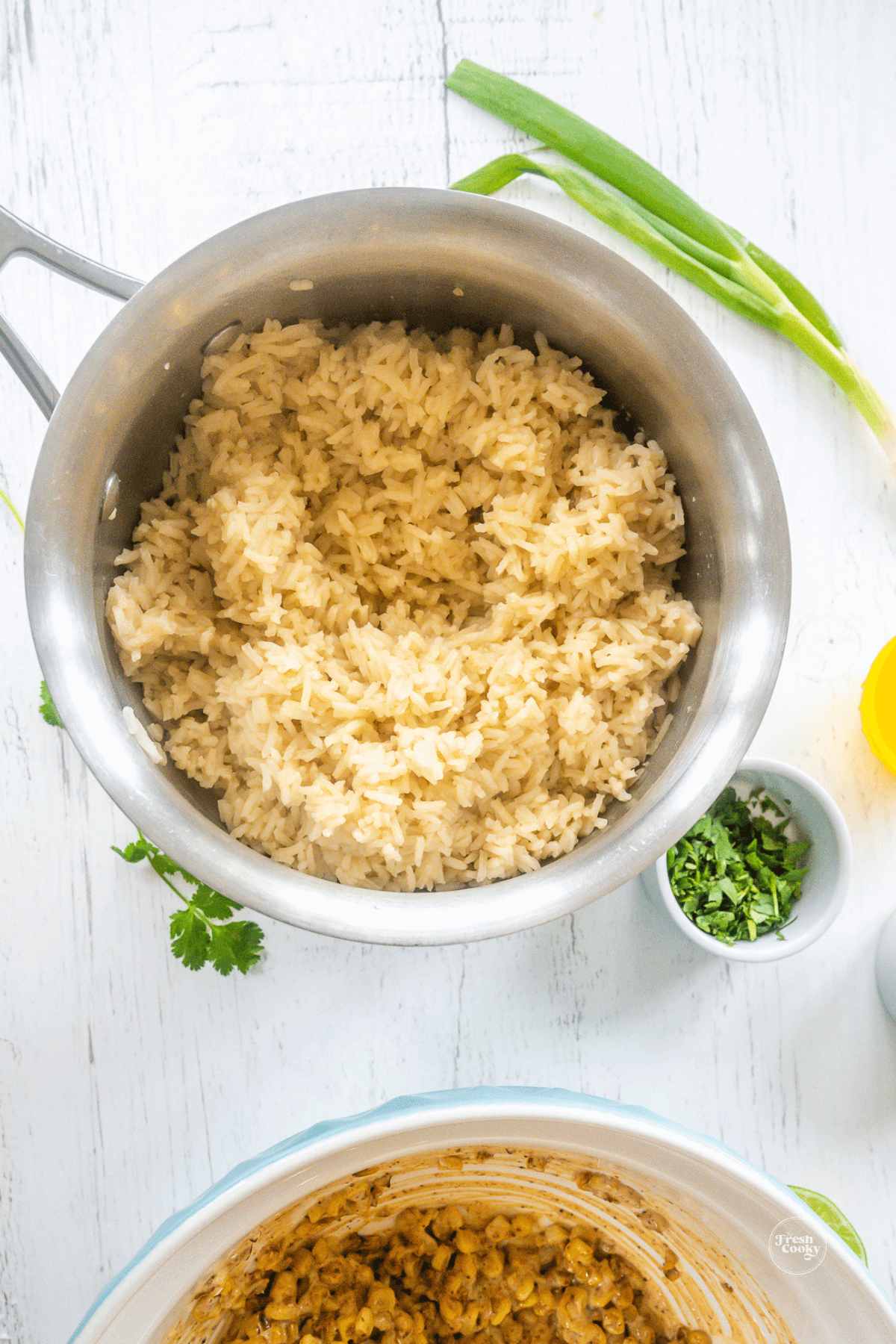 Fluffy cooked rice for Mexican Rice Bowls.