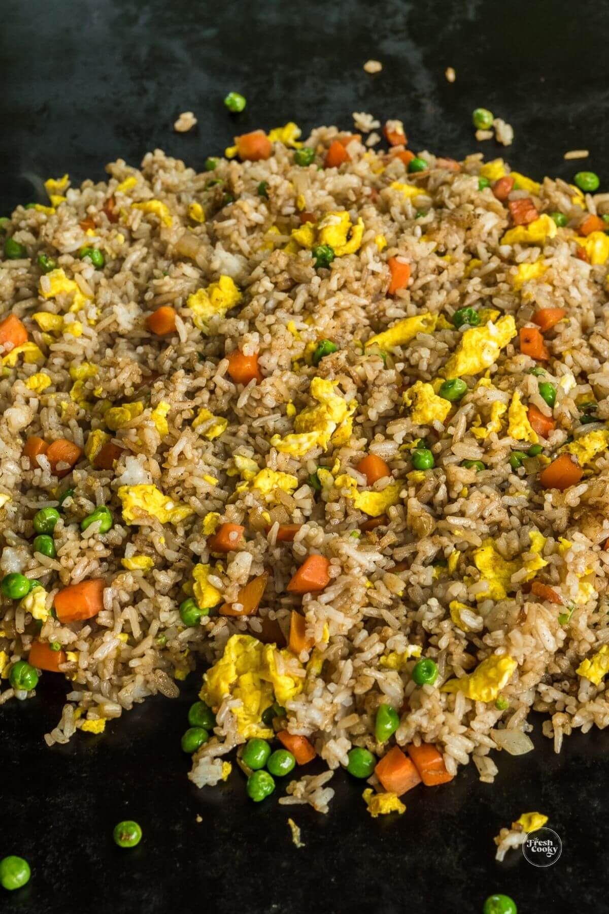 Hibachi fried rice recipe on blackstone ready to serve.