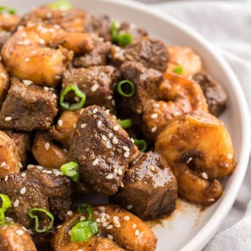 Steak and shrimp recipe on plate made on hibachi.