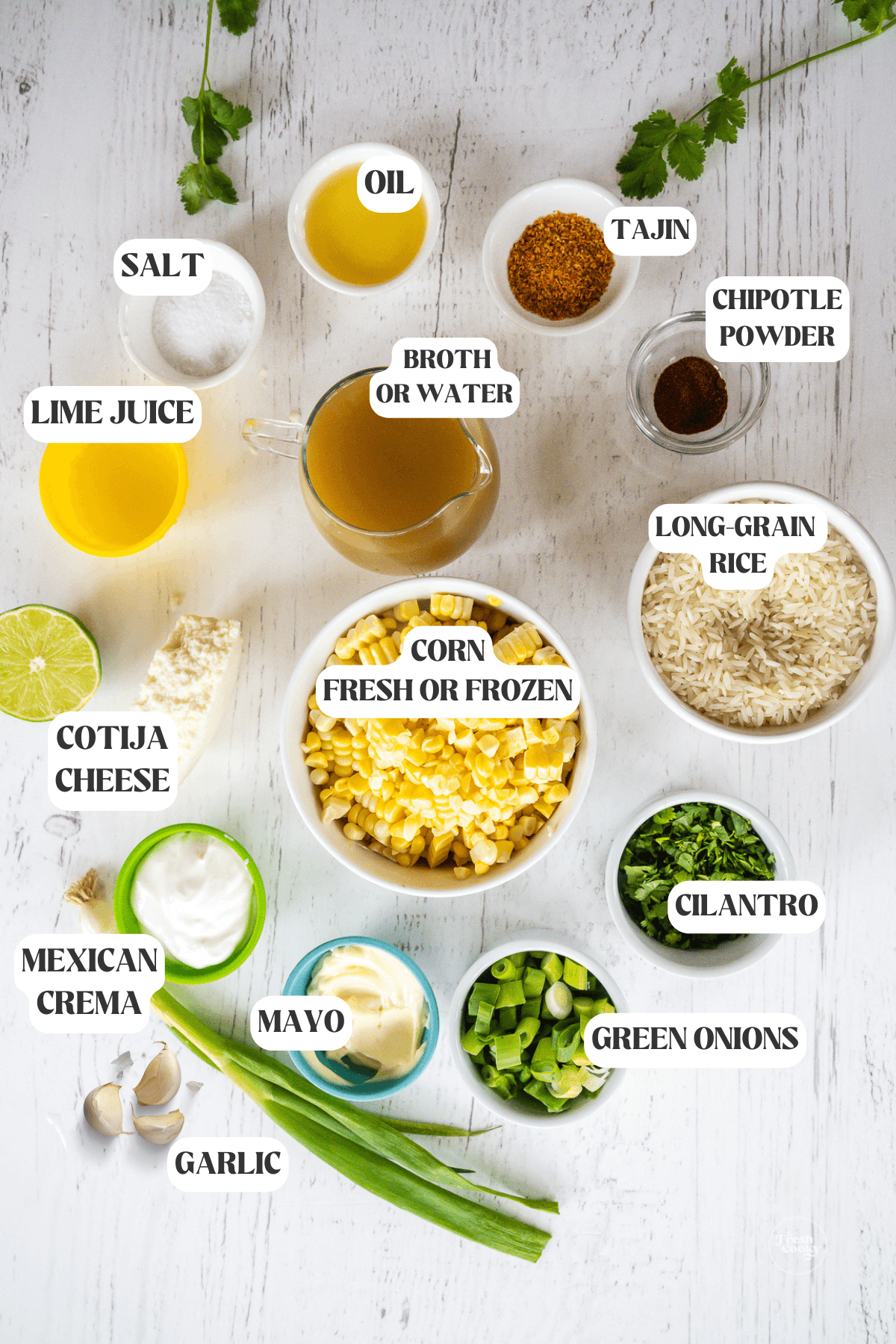 Labeled ingredients for Mexican Corn rice recipe. 