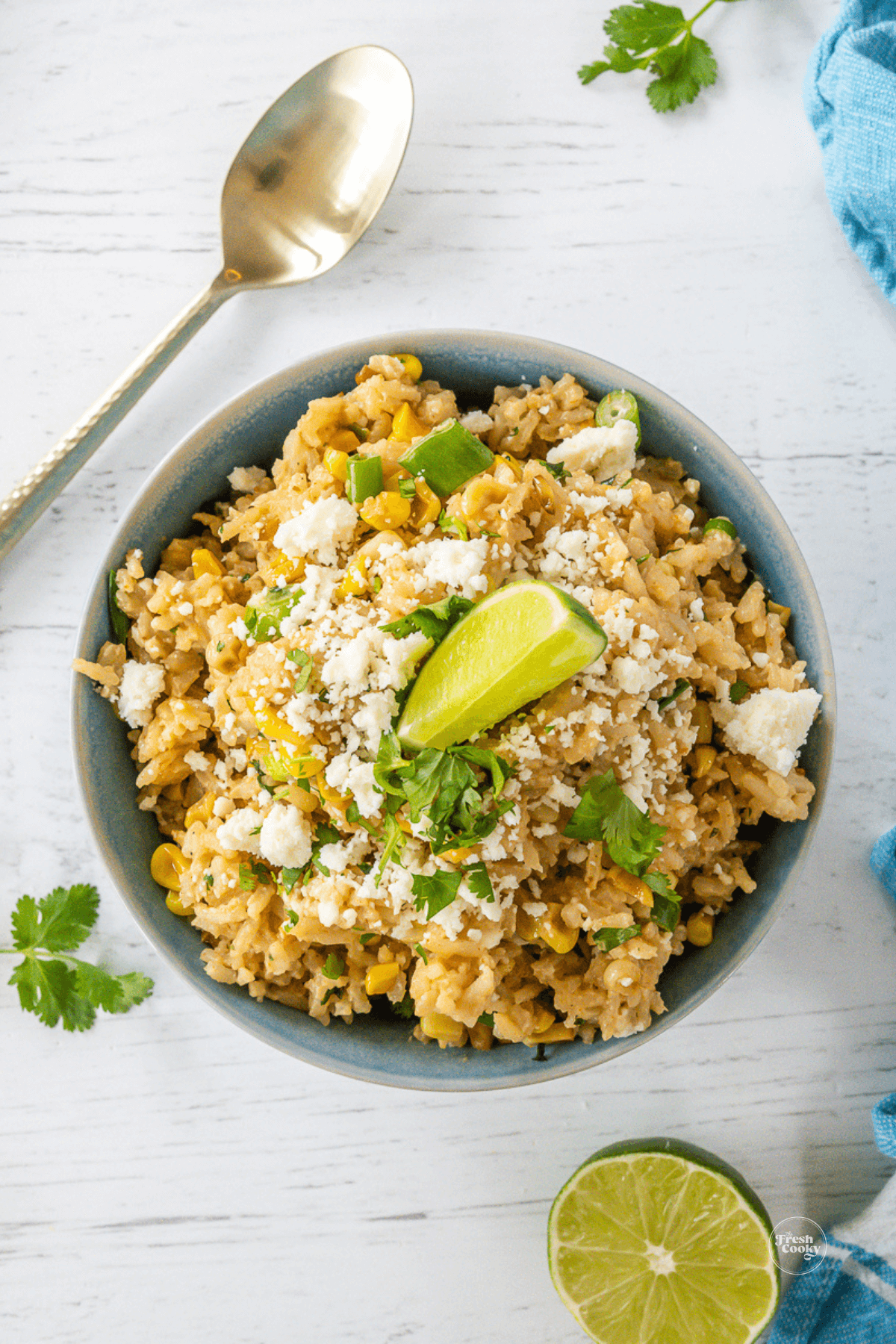Mexican corn rice recipe in a bowl ready to serve.
