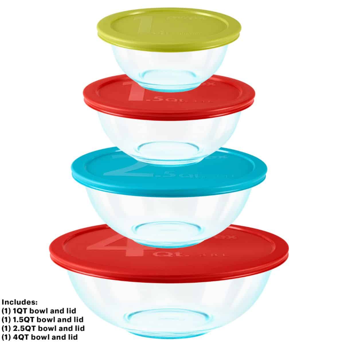 Pyrex Nesting Glass Mixing bowls with lids.