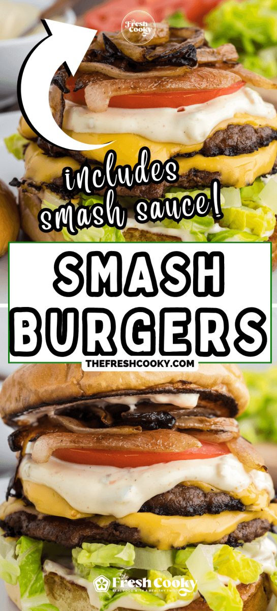 Delicious double smash burger hamburger with cheese and smash sauce, to pin.