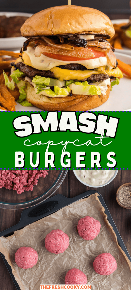 Smash burger, burger balls on tray and final smashburger loaded with grilled onions, tomatoes, lettuce and smash sauce, to pin.