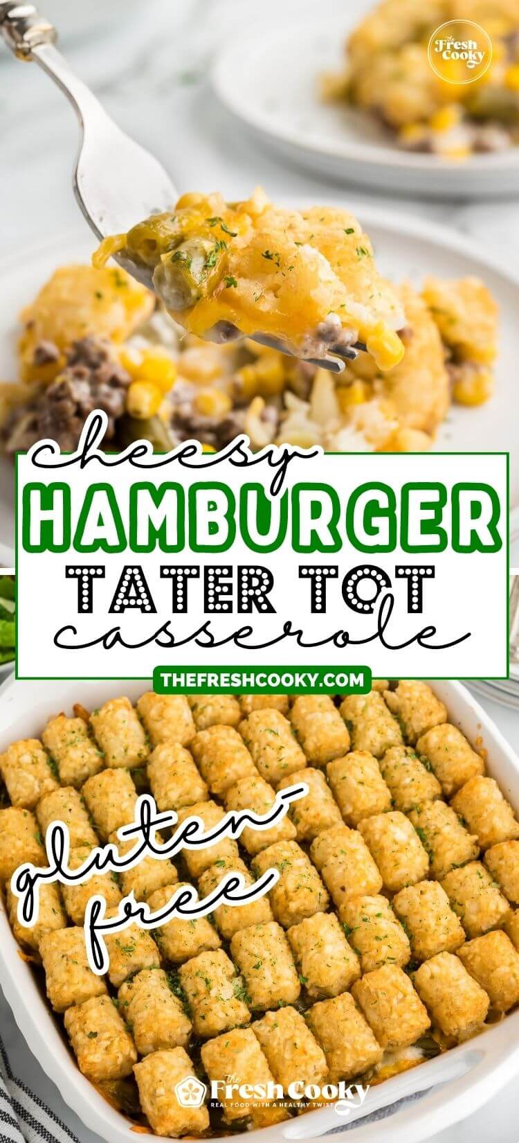 Serving of cheesy hamburger tater tot casserole and full casserole before serving, to pin.