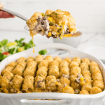 Cheesy Hamburger Tater Tot casserole recipe square.