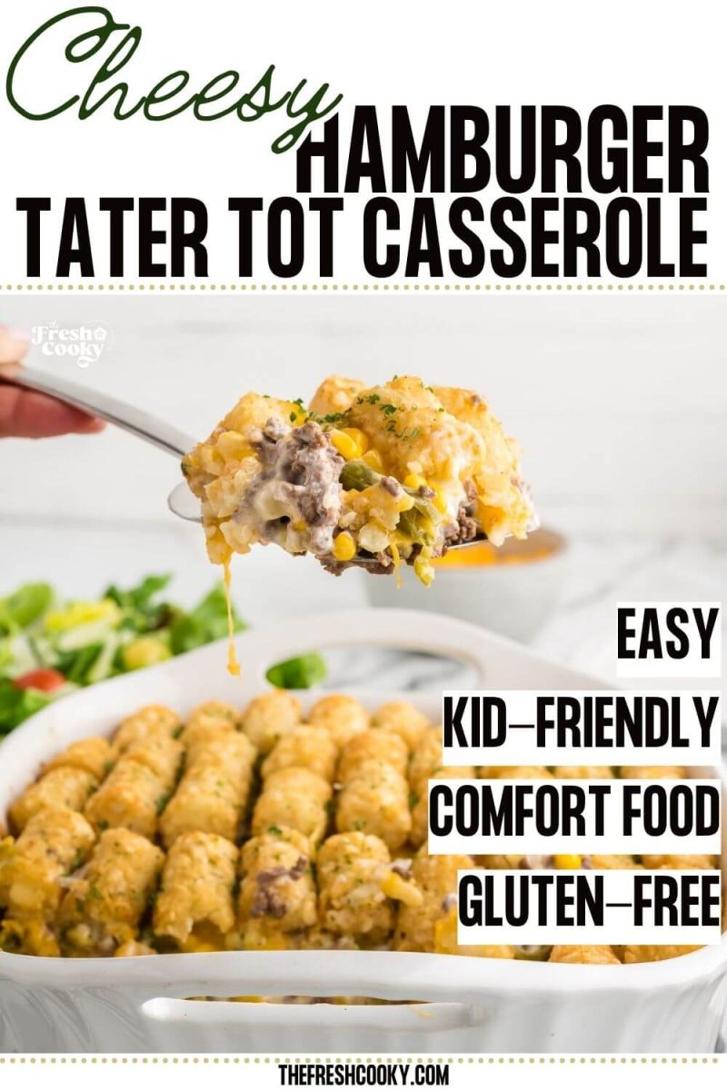 Serving cheesy tater tot casserole on spatula for pinning.