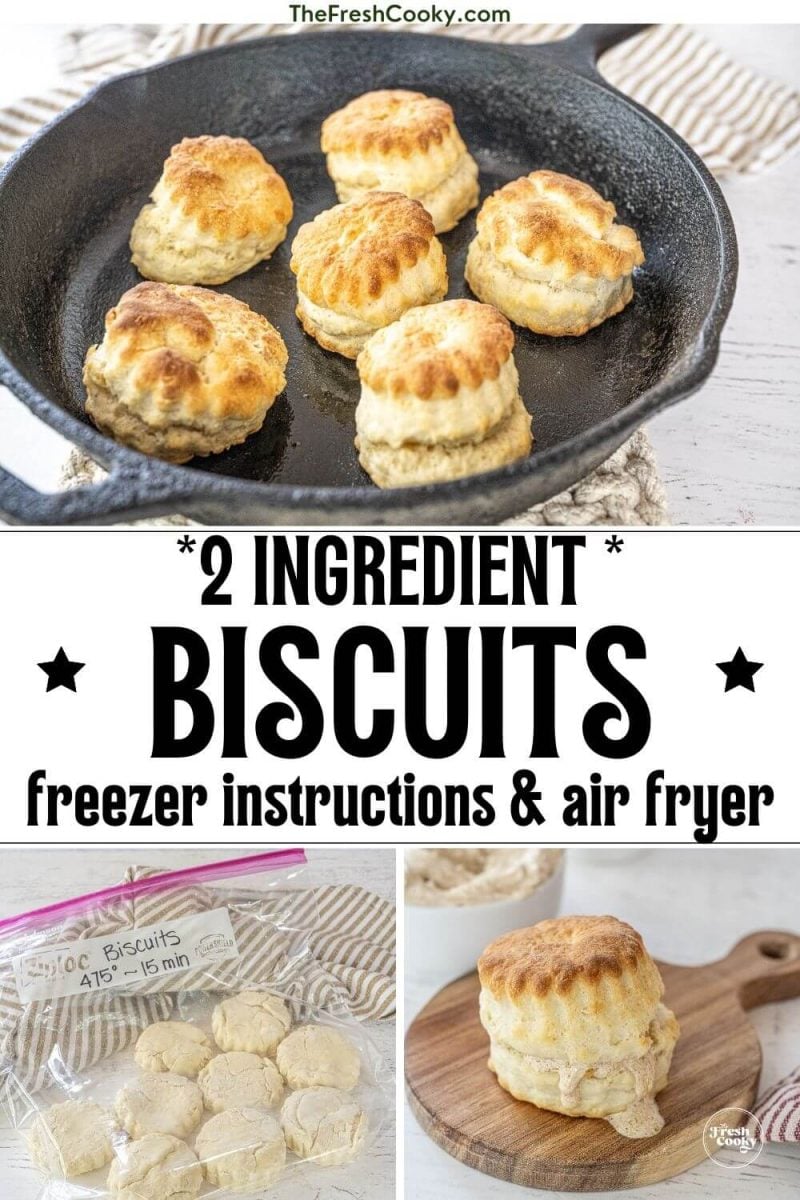 Cast Iron Skillet with baked biscuits from frozen, frozen unbaked biscuits and baked biscuit on plate with melting butter, to pin.