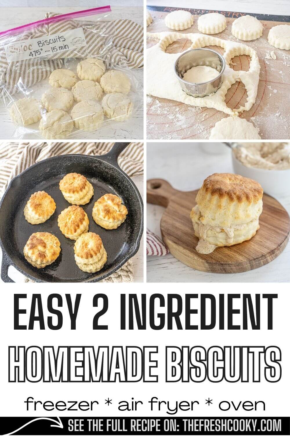 Easy 2 ingredient homemade biscuits with process shots frozen, cutting biscuits, in skillet and baked with honey butter, to pin.