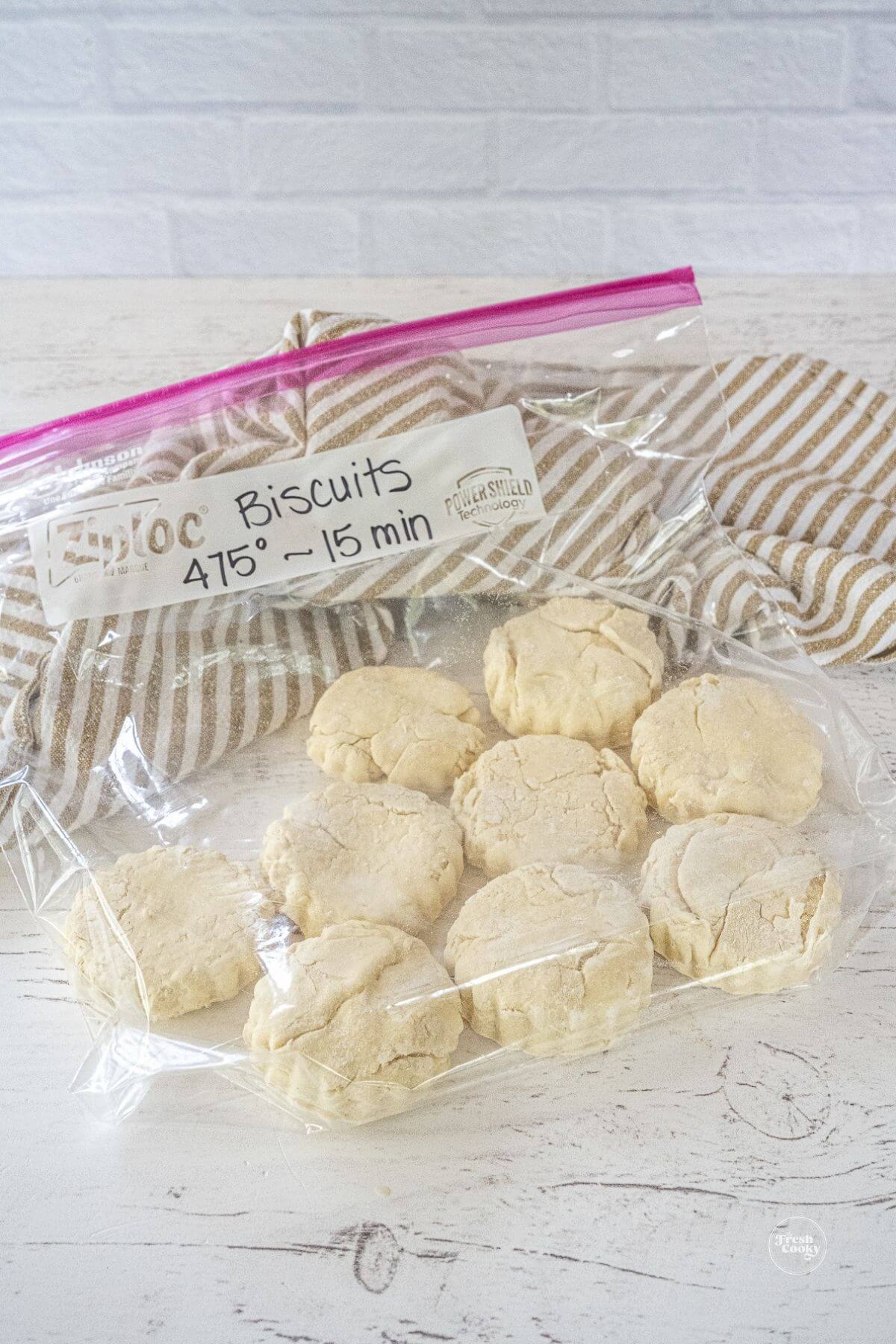 Frozen biscuits in a labeled freezer baggie.