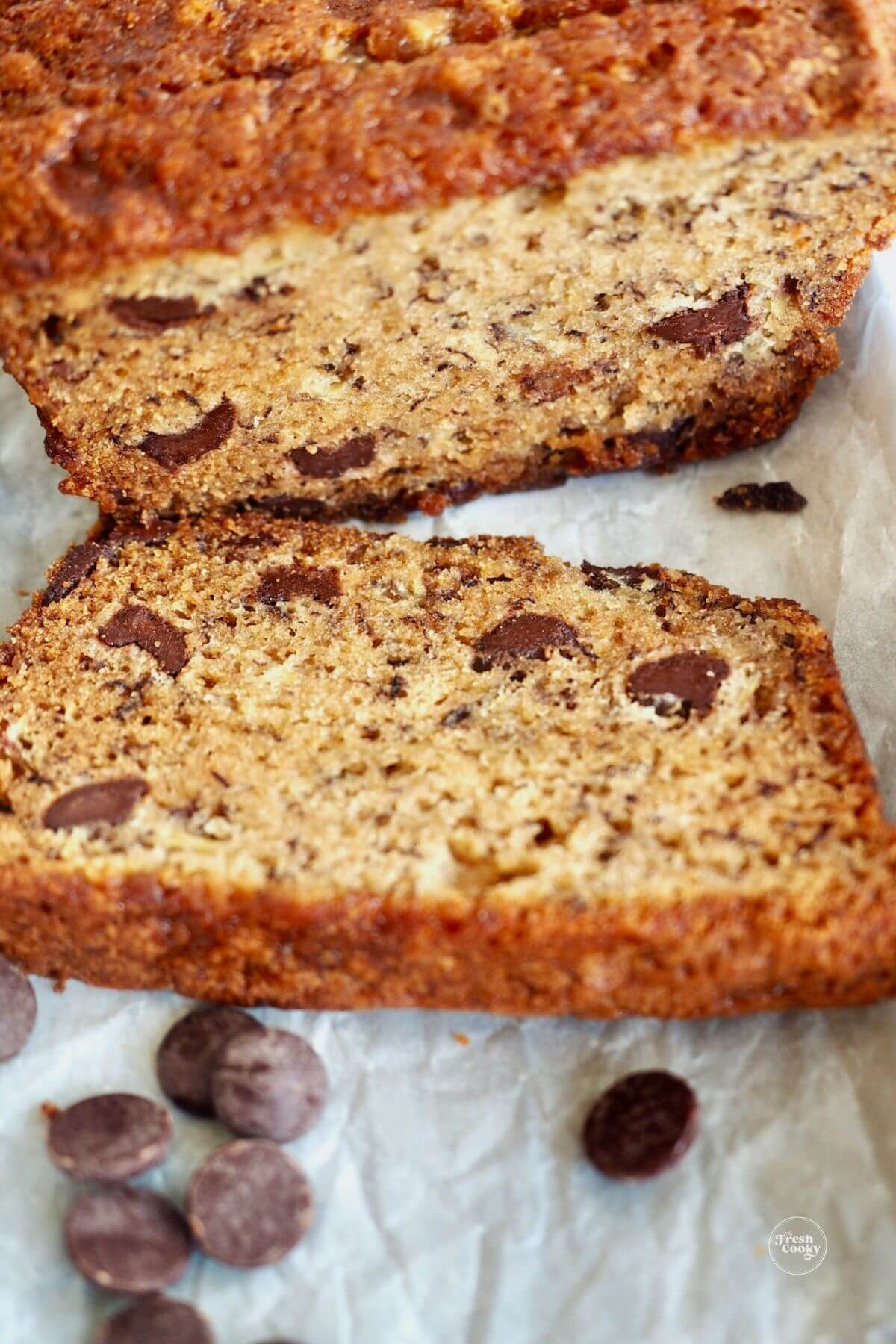 Banana bread with chocolate chips in it.