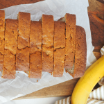 Sliced banana bread on cutting board.